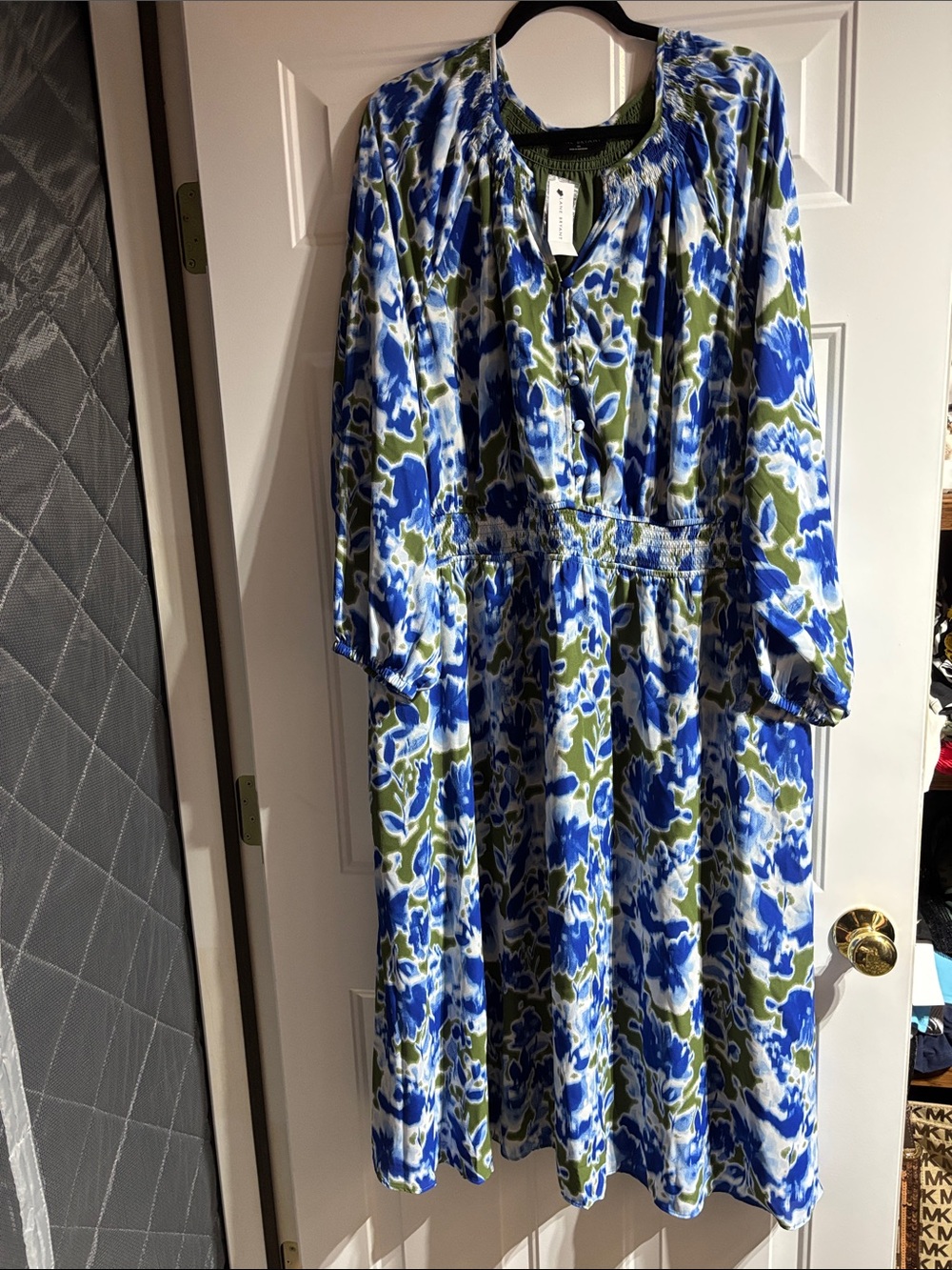 Lane Bryant Blue, Olive & White Floral Long Sleeve Dress